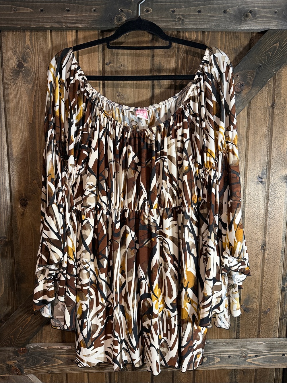 Abstract Print Boho Tunic Top in Brown & Cream